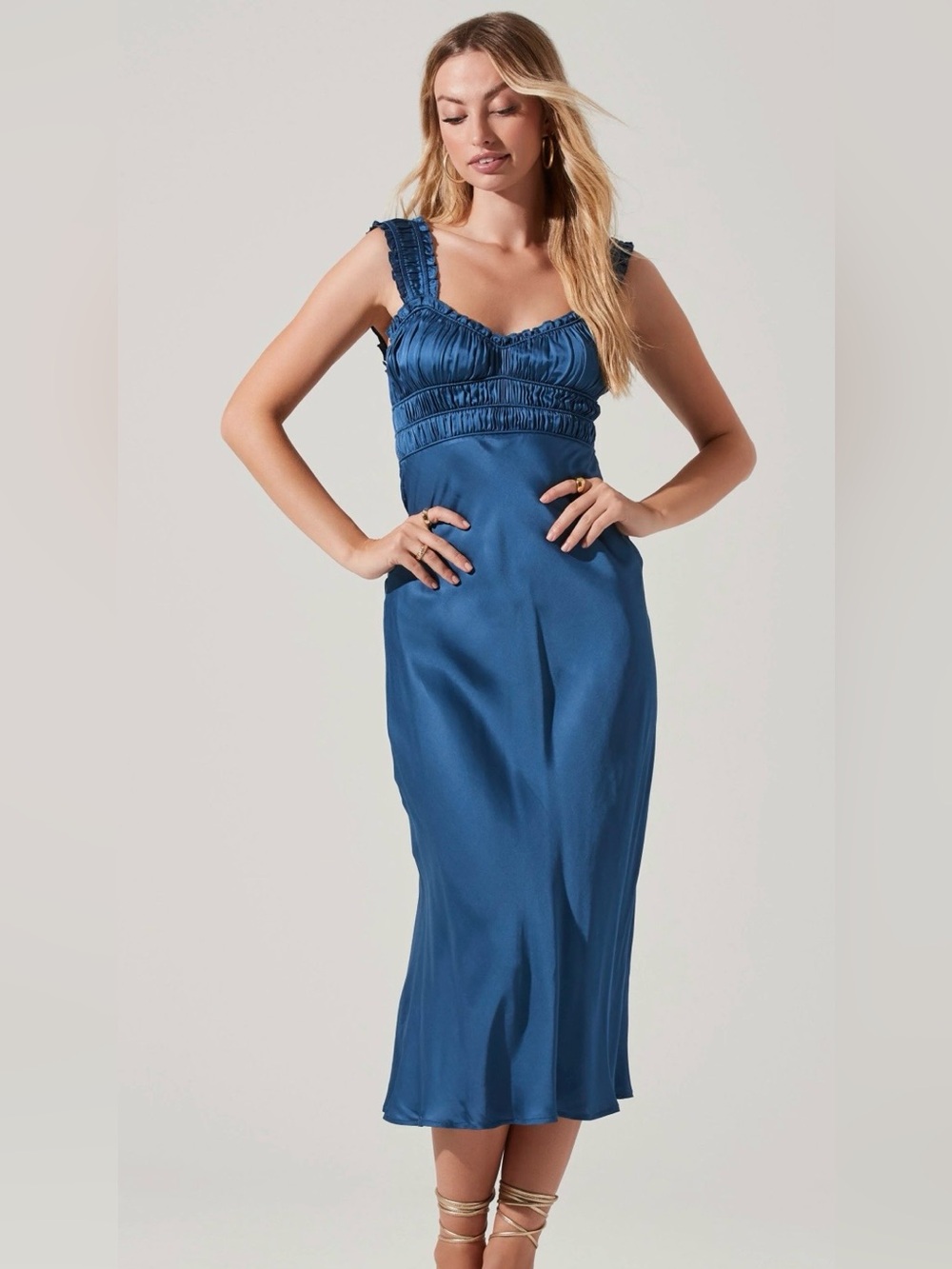 ASTR The Label Enola Smocked Satin Midi Dress Slate Blue Cocktail Event Size M
